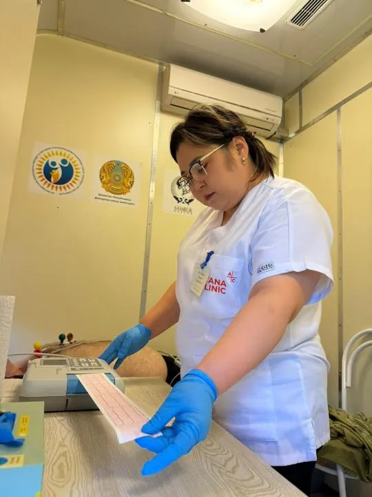 В центре — современный медицинский поезд с надписью «Саламатты Қазақстан». Рядом — местные жители, включая детей и пожилых, ожидают осмотра. Врачи в белых халатах встречают людей у входа.