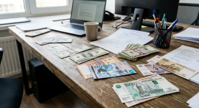 Доллар США, евро и российский рубль на столе в офисе обменного пункта.