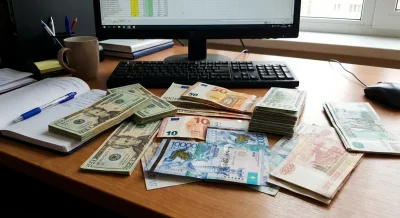 Доллар США, евро и российский рубль на столе в офисе обменного пункта.